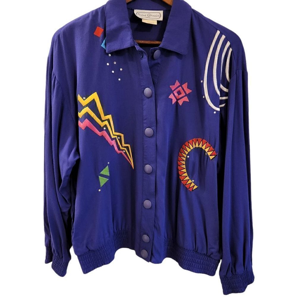 Vintage Retro Saint Germain Paris Button Front Bomber Jacket Size Medium